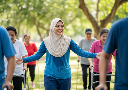 Active senior adults walk in the park guided by a caring young woman in a hijab, promoting healthy aging and community engagement.