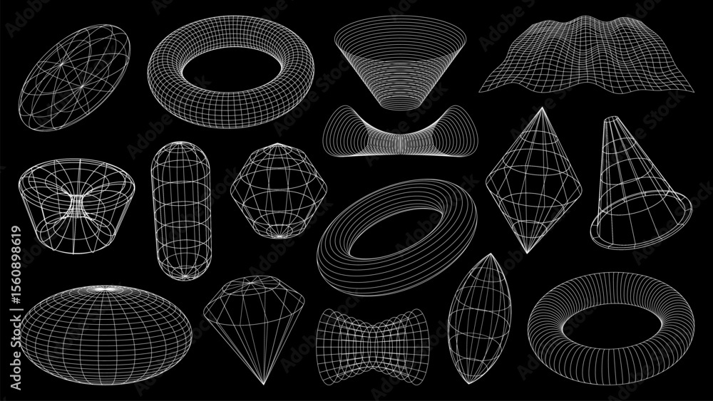 Aufkleber 3D wireframe shapes, brutal and tech grids or retro perspective mesh, vector forms. Abstract geometric shapes in wire line or isometric graphic elements in wireframe mesh of circle, globe and tunnel
