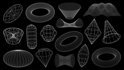 3D wireframe shapes, brutal and tech grids or retro perspective mesh, vector forms. Abstract geometric shapes in wire line or isometric graphic elements in wireframe mesh of circle, globe and tunnel