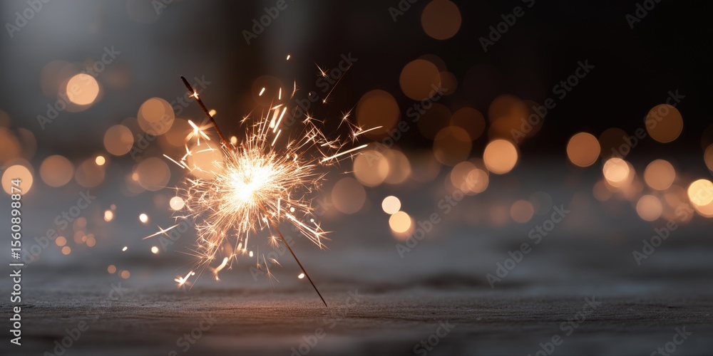 Poster glowing sparkler with warm bokeh lights in festive setting