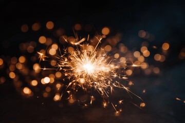 Obraz premium Close-up of vibrant sparkler with glowing sparks and bokeh in dark ambiance