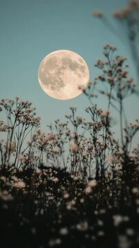 Low-angle video shot of a full moon rising over silhouetted wildflowers, creating a serene and dreamy atmosphere against a twilight sky. Live mobile wallpaper.