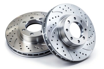 Two high performance drilled and slotted brake rotors on a white background