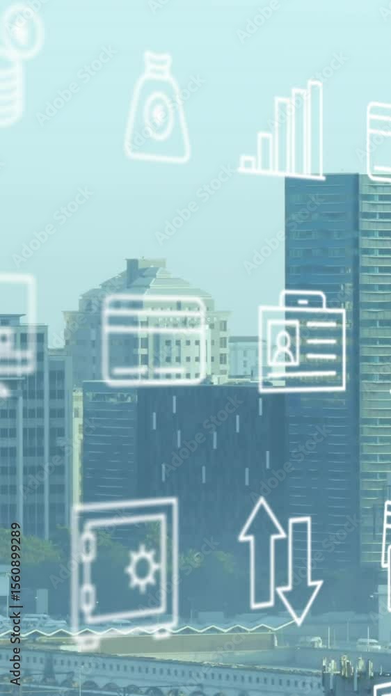 Poster animation of icons and data processing over cityscape