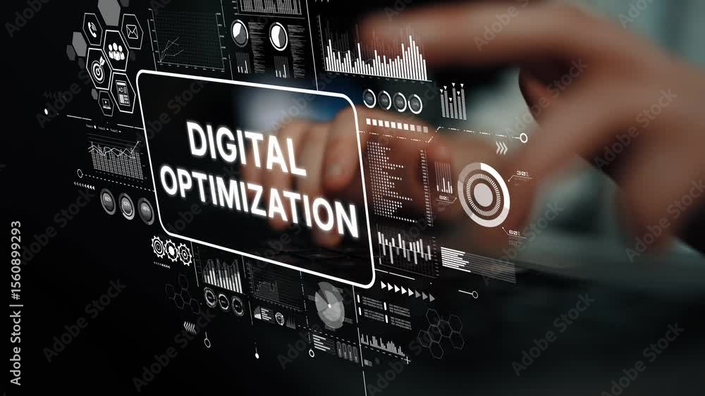 Poster hands on a keyboard with digital optimization graphics and data analytics visuals in a modern worksp