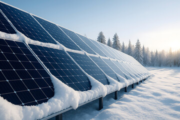 Solar panels covered in snow during winter displaying renewable energy in snowy landscape and sustainable technology