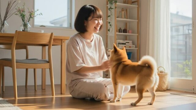 Shiba inu dog training at home with young woman owner happy pet obedience commands and positive reinforcement