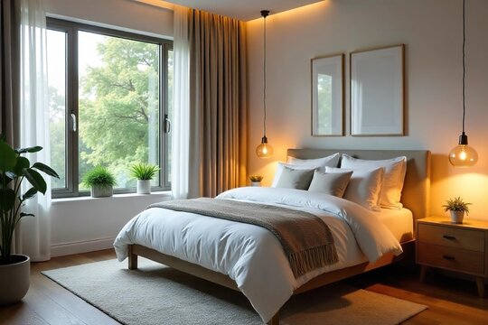 Serene Bedroom with Soft Lighting Plush Bedding and Calming Decor Promoting Relaxation and Healthy Sleep. Ideal for articles on sleep hygiene, interior design, wellbeing, and home decor.