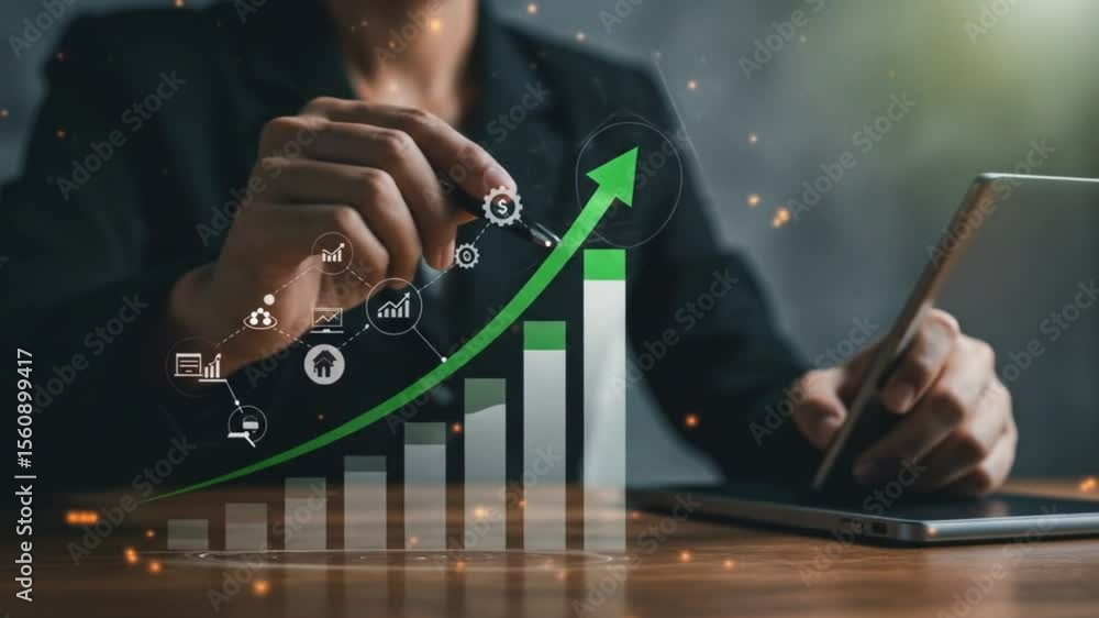Poster person using tablet with financial graph and icons overlay showing business growth concept image