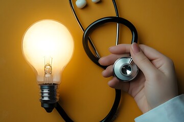 Lamp bulb and stethoscope in female hands. Innovations and ideas in medicine, new concepts, treatments, technologies, and approaches that aim to improve healthcare, solve medical challenges

