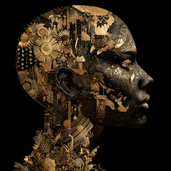 A depiction of a man with dark skin who adorns his head with intricate gold patterns and designs