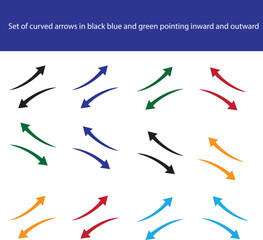 Set of curved arrows in black blue and green pointing inward and outward