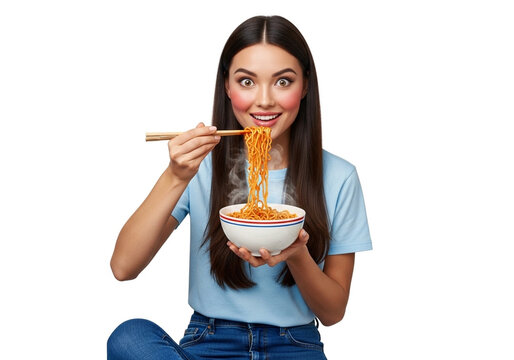 A young woman enjoys a delicious bowl of hot, steaming noodles with chopsticks against a clean white background. - Powered by Adobe