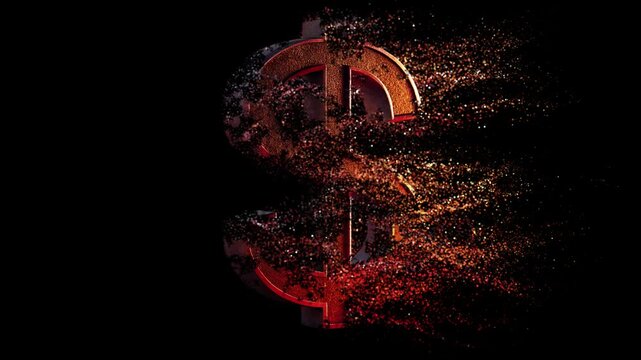 High-resolution 3D dollar sign disintegrating into glowing particles on black background, symbolizing financial collapse, money loss, market volatility, or digital decay visuals