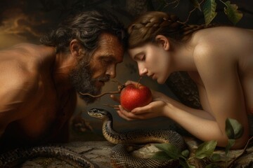 Eden departure: Adam mistake, Eve transgression, serpent deception, sacred fruit, moral awakening, divine punishment, spiritual exile, paradise loss, Genesis lesson, scripture symbol, biblical truth