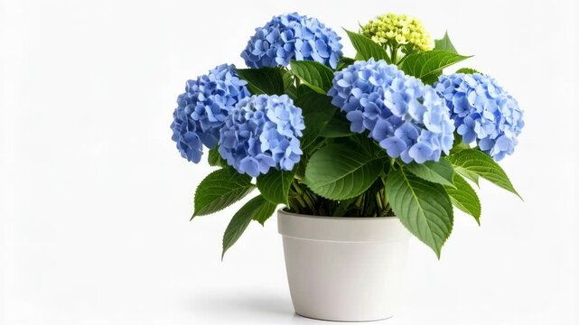 Beautiful blue hydrangeas in a white pot sitting on a white background, ideal for springtime themes