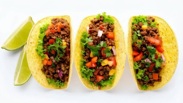 Three delicious tacos filled with ground meat, tomatoes, cilantro, lettuce and onion on a white backdrop