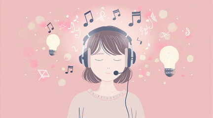 An adorable simplified illustration of a person putting on headphones in vector style is educational and playful in the Japanese kawaii design style.