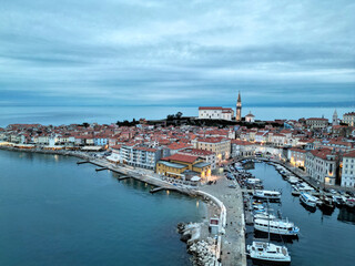 aerial view of piran slovenia, popular tourist destination on the istrian peninsula of the...