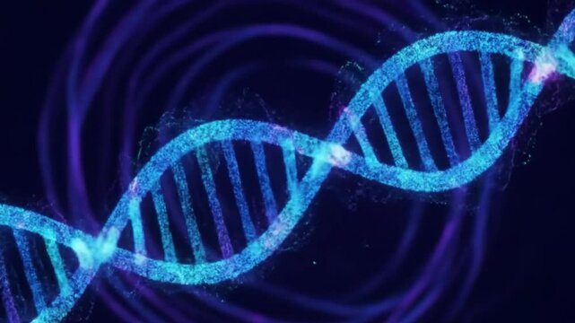 Glowing dna strand with blue and purple hues against a dark background with swirling light patterns