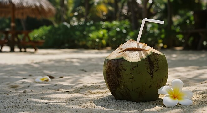 Coconut Drink on Sandy Beach with Tropical Flower