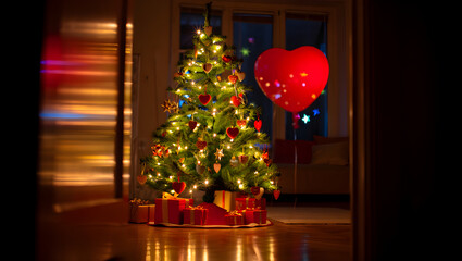 Decorated Christmas tree with red heart balloon and gifts isolated on a jpg background