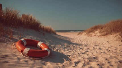 Obraz premium Lifebuoy on cozy summer shoreline
