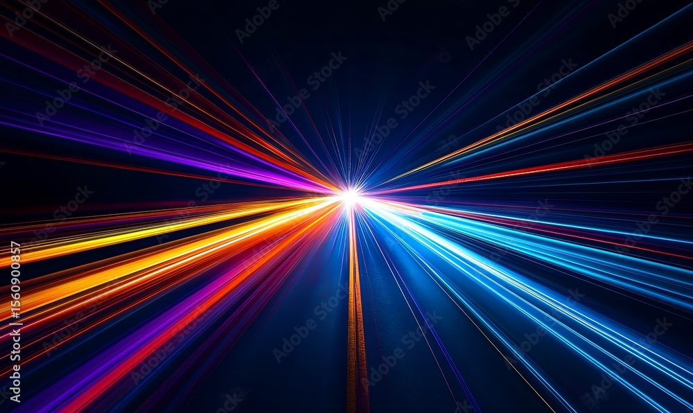Poster abstract dark background of light with stripes of colorful rays moving from the center. acceleration