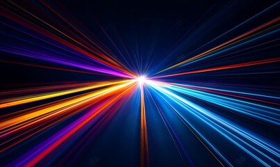 Abstract dark background of light with stripes of colorful rays moving from the center. Acceleration speed of motion on a night road. Light and stripes move quickly over a dark background.