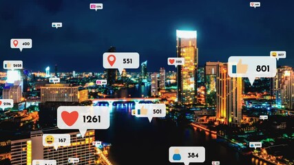 Social media icons fly over city downtown showing people reciprocity connection through social network application platform . Concept for online community and social media marketing strategy . - Powered by Adobe