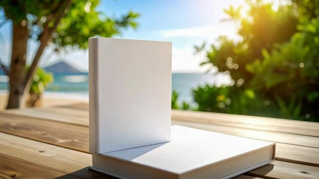 Two blank hardback books sit on a wooden table with an ocean view and sunny foliage on a bright day, offering space for customizable cover design.