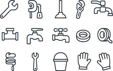 Collection of plumbing tools and equipment arranged neatly on a white background for DIY projects and repairs