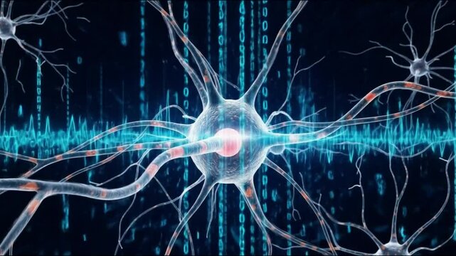 Microscopic view of neurons with binary code and blue wave patterns on a dark background science concept