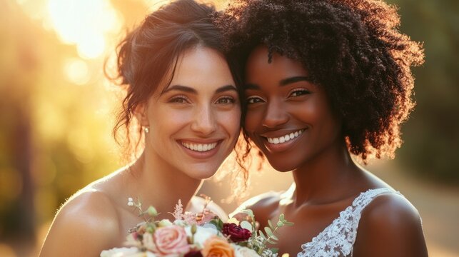 Two brides smiling outdoors