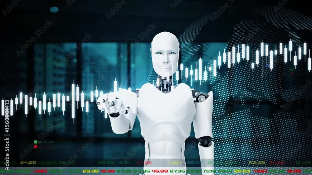 Poster futuristic robot, artificial intelligence cgi for stock exchange market trading . robotic man 3d ren