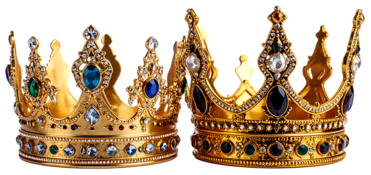 pair of golden crowns isolated on white background