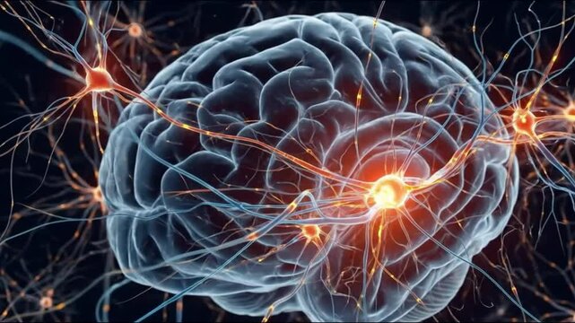 Human brain with neurons firing and connecting in a complex network illustration close up view