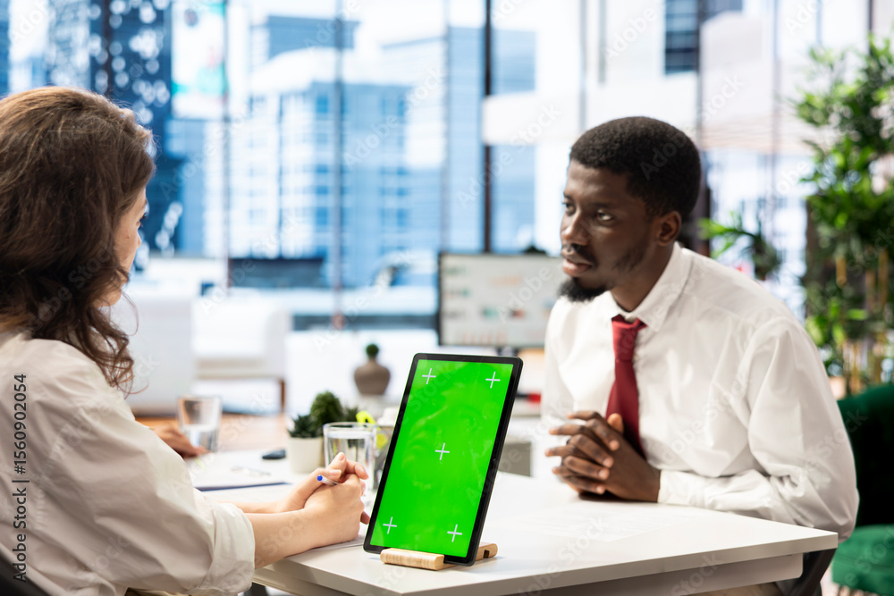 Poster job interview candidate interested in career advancement, talking with hr employee using green scree