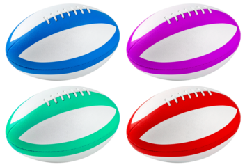group or rugby ball in four different colors isolated on white background