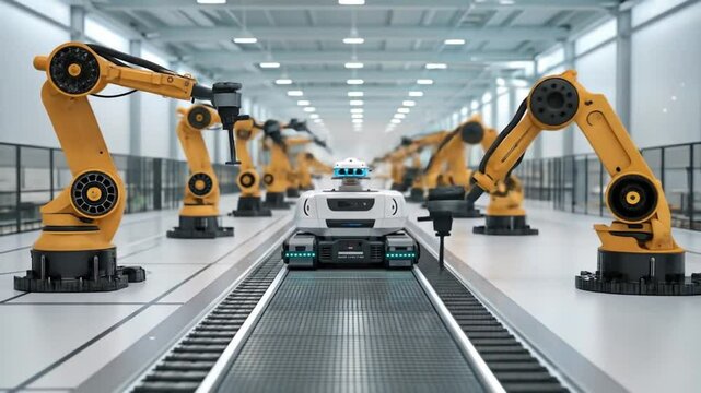 Advanced automated factory with robotic arms and autonomous vehicle for manufacturing process control
