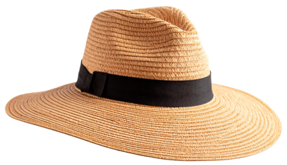 beach straw hat with black band for woman isolated on white background