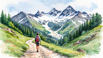 Fototapeta premium A lone hiker with a red backpack on a mountain trail representing adventure and exploration in a serene landscape