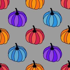 Autumn harvest vegetable seamless monster Halloween pumpkins pattern for wrapping paper and fabrics