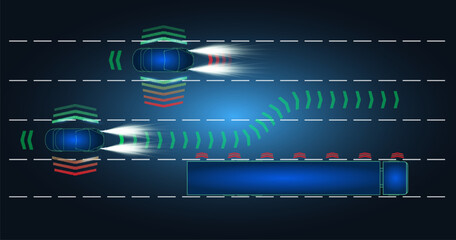 Devices assisting automated vehicles in lane change maneuver near a truck on a highway at night.