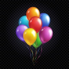 Balloons bunch isolated on transparent background. Vector colorful festive 3d helium balloons template for anniversary, birthday party design