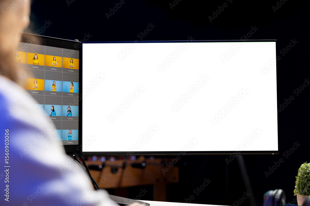 Poster photographer using photo editing software on mockup multi monitors setup to improve images quality. 