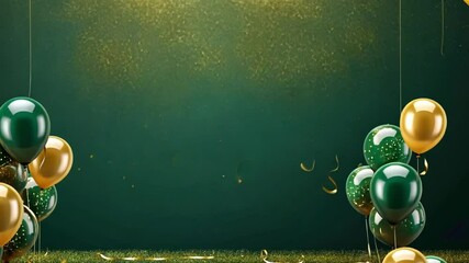 A celebratory scene with green and gold balloons against a dark green background and gold confetti - Powered by Adobe
