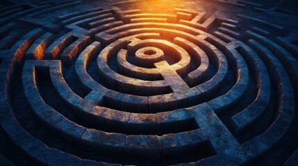 Intricate stone maze illuminated