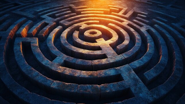 Intricate stone maze illuminated