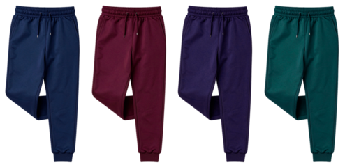 set of long sweatpants in four colors isolated on white background